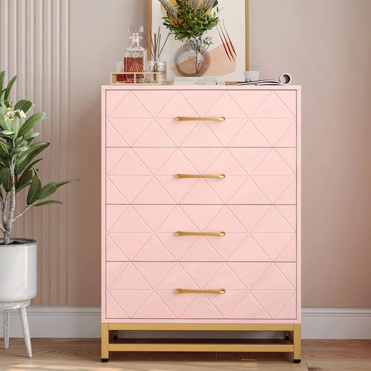 4 Drawer Dresser for Bedroom, Wood Dresser Chest of Drawers with Wide Drawers and Gold Handles, Storage Organizer Unit