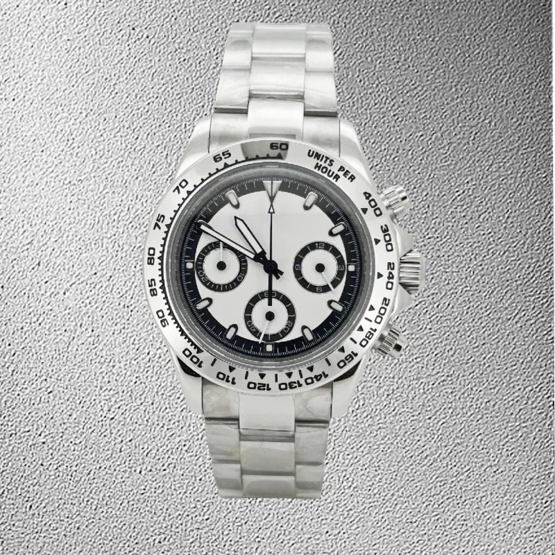 Luxury Silver Men Sapphire Glass Daytona Style Chronograph Stainless Steel Watch Japan VK63 Quartz Watch Movement Luminous Dial