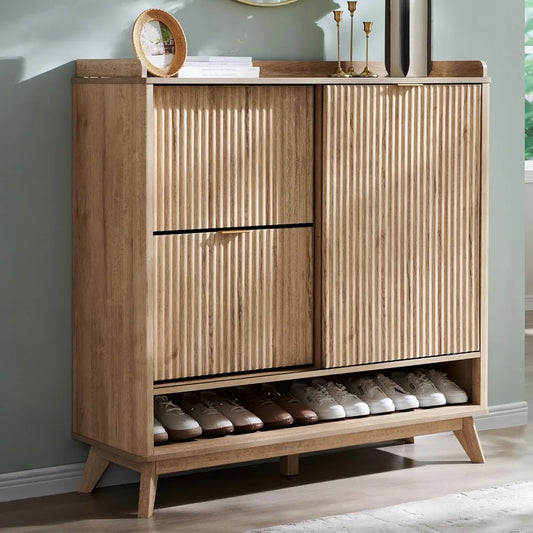 Fluted Shoe Storage Cabinet with 2 Flip Drawers & Sliding Door, 4-Tier Adjustable Shelves, 47" Wide Large Shoe Organizer, Woode