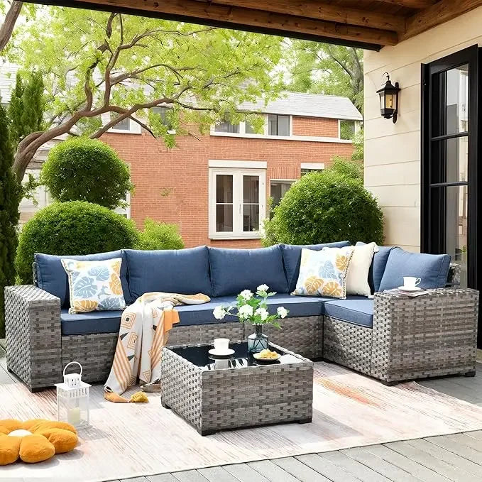 6 Pieces Patio Furniture Set Outdoor Sectional Sofa Couch with Comfy Cushions and Deep Seat, Modern Modular Wicker Rattan Set
