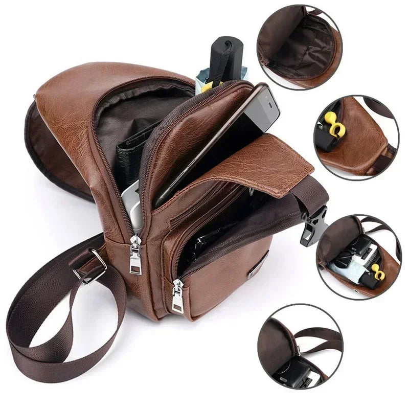 Men's Chest Bags Pack Business Messenger USB Charging Fashion PU Leather Waist Outdoor Casual Sports Brand Single Shoulder Bag