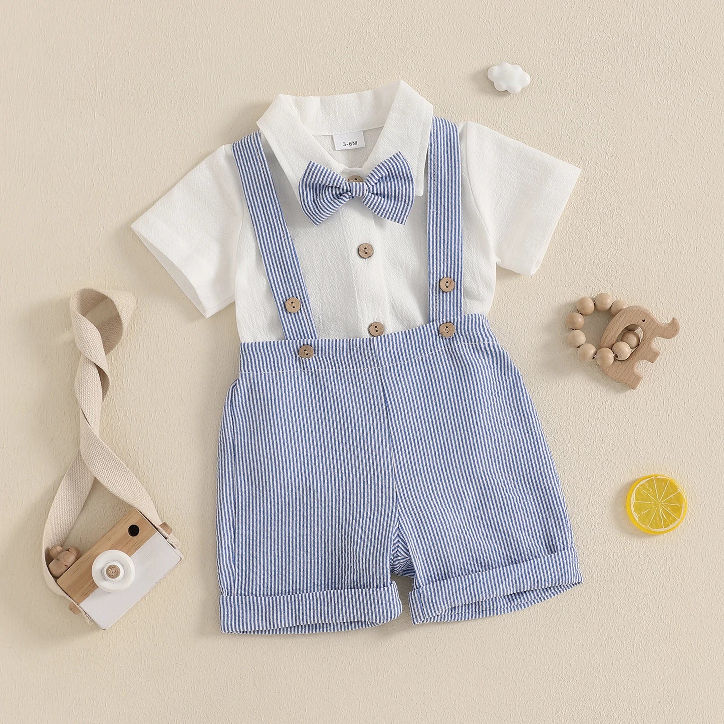 Baby Boy Gentleman Outfit Solid Color Short Sleeve Lapel Neck Romper with Stripe Suspender Shorts Bowtie Boys Summer Clothes