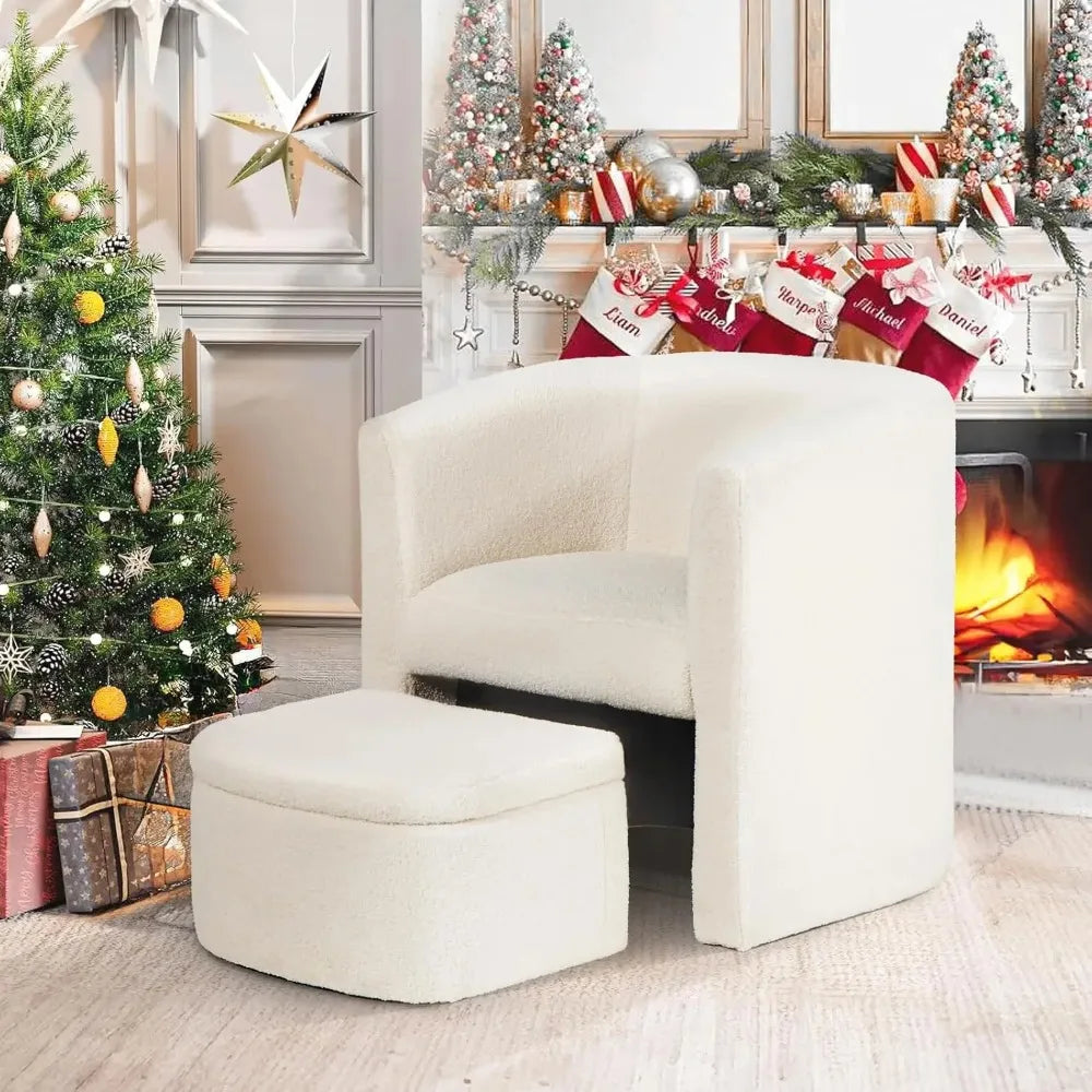 Upholstered Sherpa Bucket Armchair with Storage Footstool, Modern Living Room Side Chair, Single Sofa Armchair