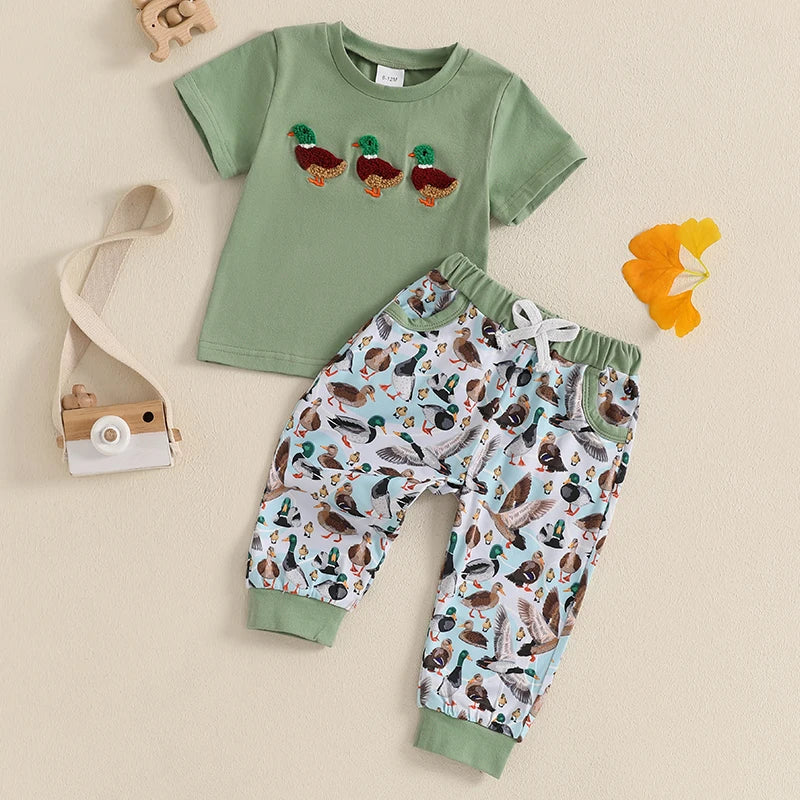 2024-11-11 Lioraitiin 0-3Y Cute Baby Boys Outfit Summer Duck Embroidery Short Sleeve T-Shirt and Elastic Pants Set