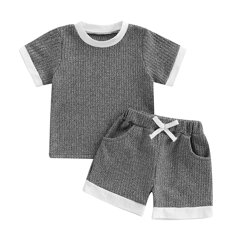 2025-02-21 Lioraitiin Toddler Boy Girl Shorts Set Short Sleeve T-shirts Elastic Waist Shorts Waffle Outfit Casual Summer Clothes