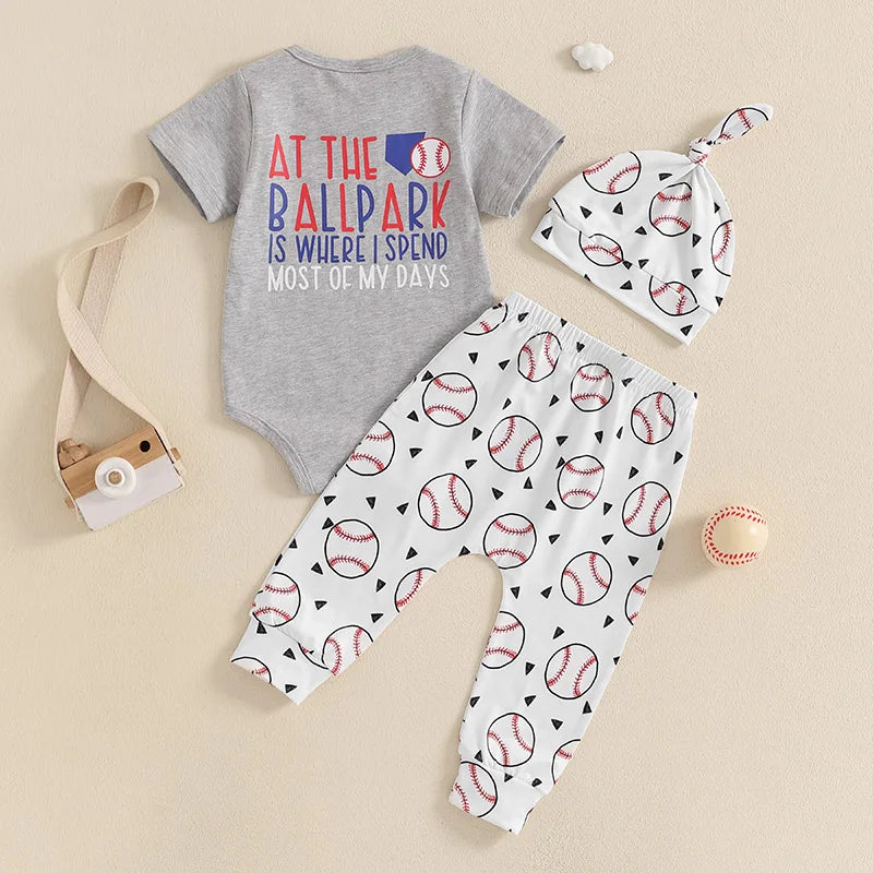 2024-12-24 Lioraitiin Baby Boy Summer Outfits Short Sleeve Round Neck Romper with Baseball Print Pants and Hat 3 Pcs Set