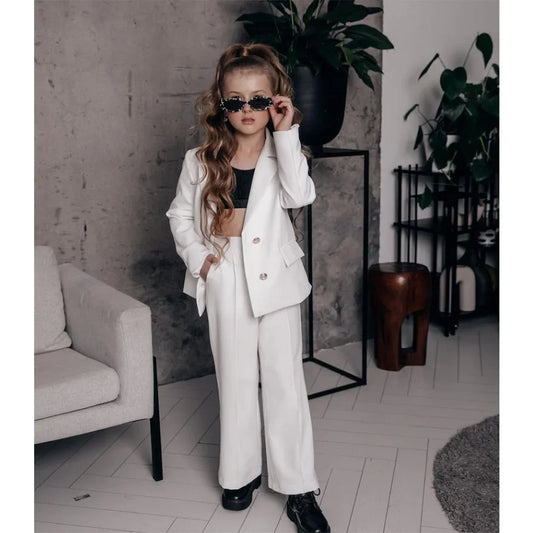 Chic Baby Girl Clothes 2 Piece Fashion Double Breasted Child Sets Casual Party Wedding Suit for Girls (Blazer+Pants)