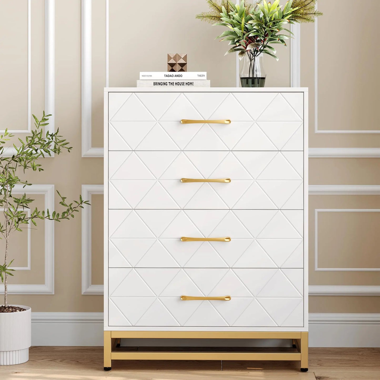 4 Drawer Dresser for Bedroom, Wood Dresser Chest of Drawers with Wide Drawers and Gold Handles, Storage Organizer Unit