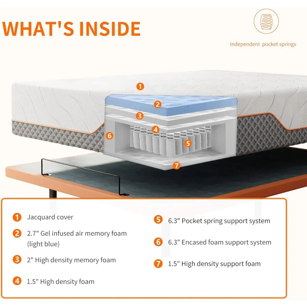 Queen Adjustable Bed Frame - 14“ Luxury Cool Gel Memory Foam Hybrid Mattress, Adjustable Bed Frame