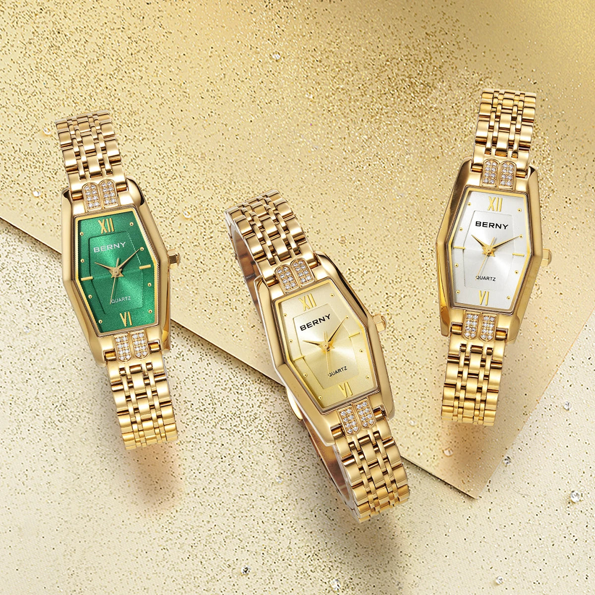BERNY Gold Watches for Women Elegant Dainty Hexagon Ladies Quartz Wrist Watches Stainless Steel Band Fashion Luxury Bracelet