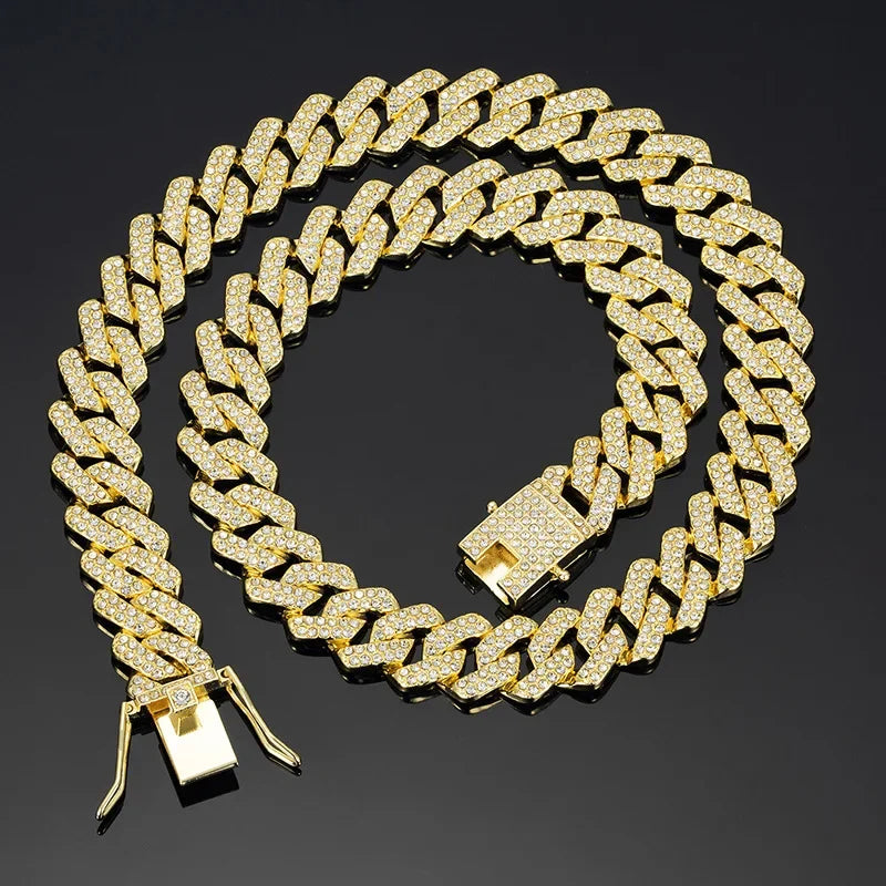 Hip Hop Shiny 15MM Cuban Link Chain Necklace Women Men Silver Color Rhinestone Iced Out Cuban Chain Punk Jewelry Necklace Gift