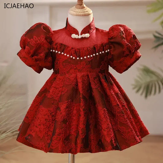 Baby Girl Clothing Children Flower Dress Outfits Birthday Baptism Elegant Kids Bow Boutique Party Red Ball Gown Toddler Clothes