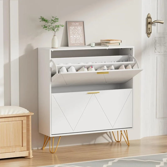 Shoe Storage Cabinet, Wood Organizer for Entryway with 3 Flip Drawers, Freestanding Rack & Adjustable Shelf, Narrow Dresser