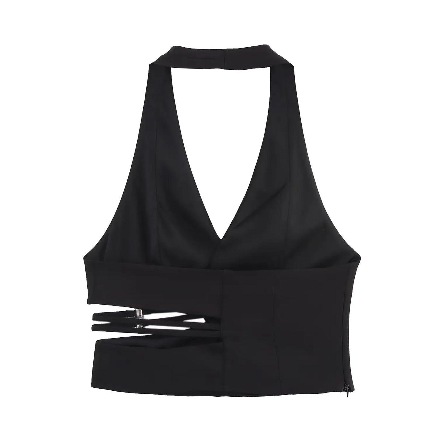 2025 new women's clothing European and American style fashion sexy versatile solid color open design halter neck top