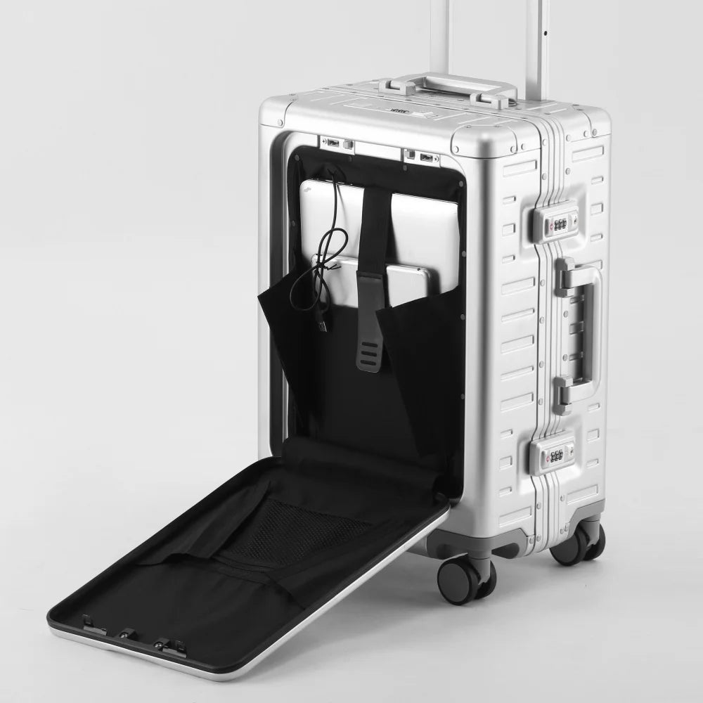 New All Aluminum-magnesium Suitcase Front Opening Rolling Luggage with USB Charging Plug TSA Lock Travel Trolley Case with Wheel