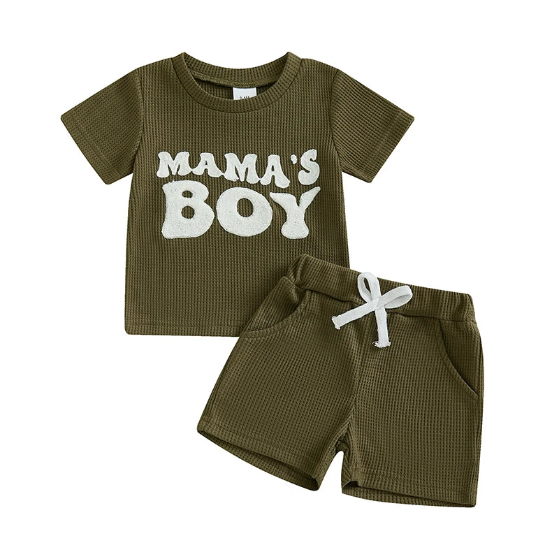 Toddler Baby Boy Summer Outfit Letter Embroidery Short Sleeve T-shirt Solid Shorts Waffle Knit Set