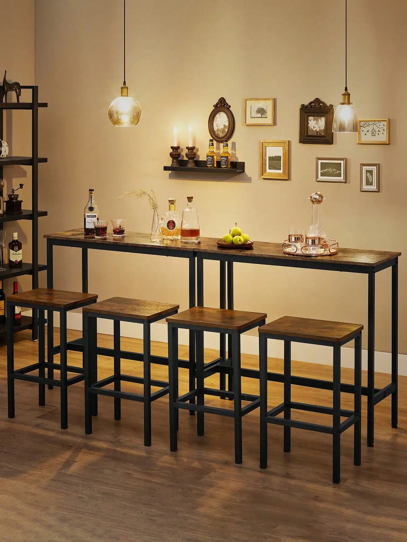 VASAGLE Dining Table Set, Bar Table with Stools, Breakfast Bar Table, 2 Stools, Industrial Steel Frame, Rustic Brown/Black