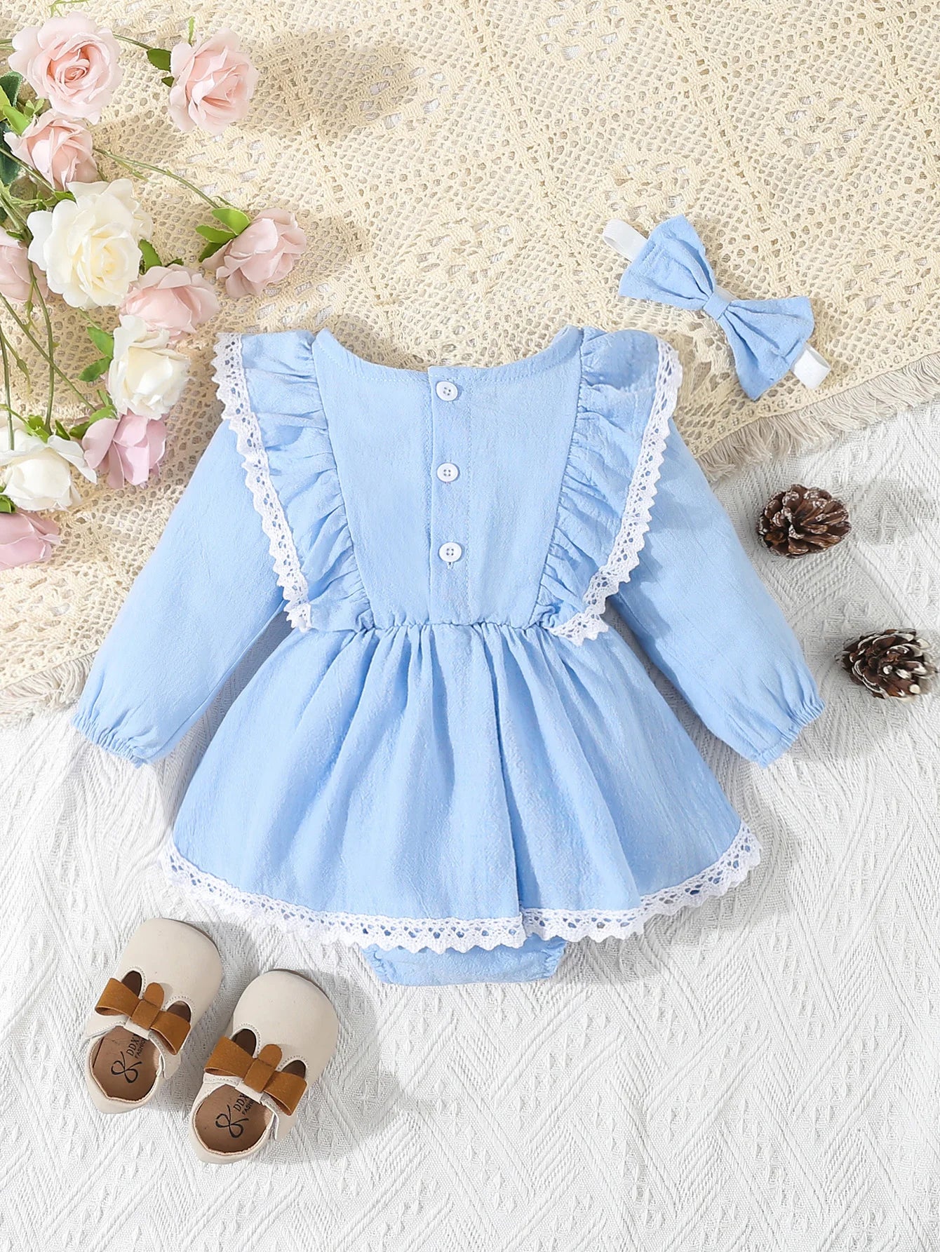 Baby Girl‘s  Clothes 2Pcs Cute Lace Ruffled Long Sleeve Cotton Dress  Headwear Toddler Girl's Clothing Outfit Set