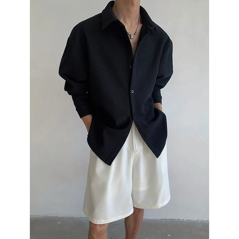 Autumn Men's Clothing Light Luxury Pleated Shirt Leisure Long Sleeve Drapped Solid Color Loose Basic Business Casual Shirts Men