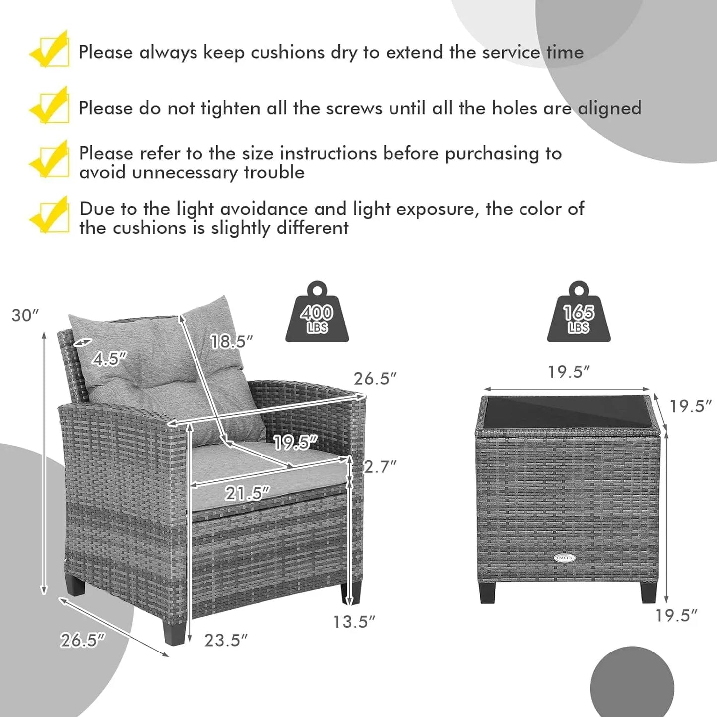 LDAILY Patio Furniture Set, 3 Pieces PE Rattan Wicker Patio Sofa Chairs with Washable Cushion & Glass Table, Outdoor Furniture C