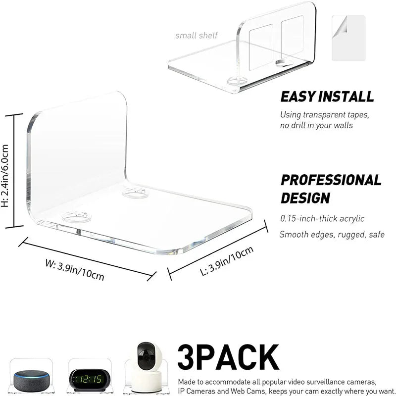 3PCS Surveillance Camera Shelf Acrylic Adhensive Wall Mount Stand Storage Rack for Small Items in Living Room Bathroom Bedroom