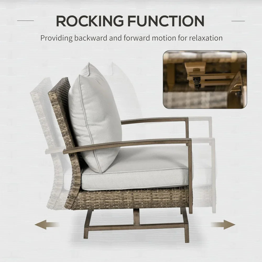 4 Piece Wicker Patio Furniture Set with 2 Rocking Chairs, Loveseat Sofa, Outdoor PE Rattan Conversation Set with Cushions