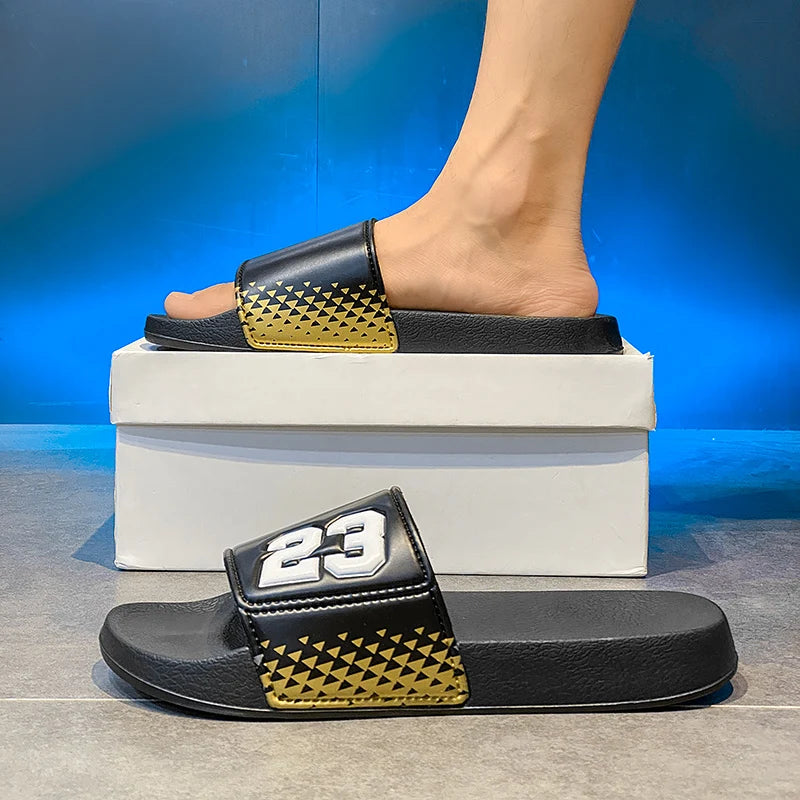 (Couple Model) Numbers No. 23 Men's and Women's Slippers, Soft Eva Flat Non-Slip Family Slippers, Men's Bathroom Slippers, Summer Men's Beach Slippers, Plaid and Durable, Suitable for Daily Casual Wear at Home and Outdoors