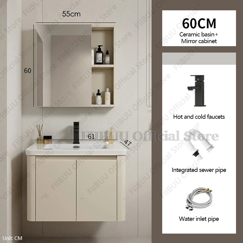 Bathroom Cabinet with Rounded Corners Ceramic Washbasin Wall-mounted Bathroom Dressing Storage Cabinet with Mirror and Faucet