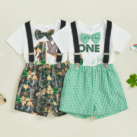 Lioraitiin Summer Baby Boys First Birthday Outfit Short Sleeve Duck Romper with Plaid Leaves Print Overall Shorts Outfit