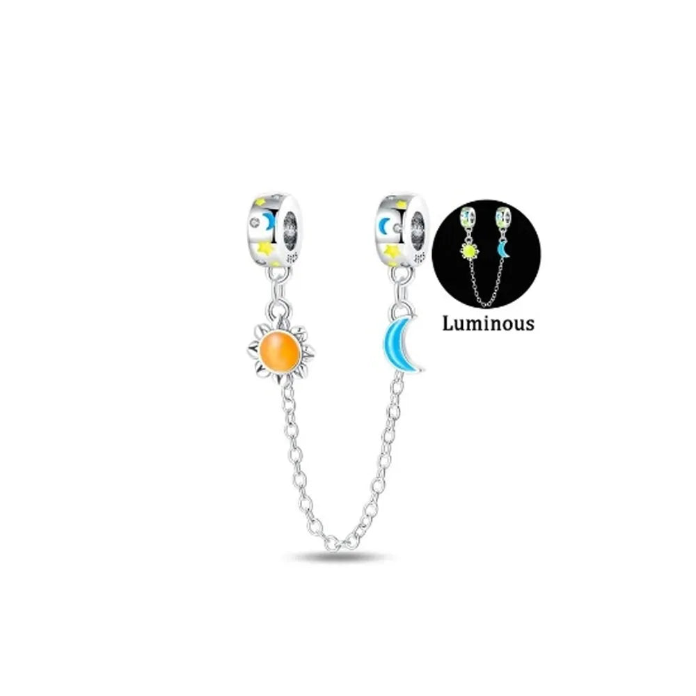 New 925 Silver Horseshoe Clover Star Cat Charm True eyes Pendant Safety Chain Bead Fit Original Bracelet Jewellery Gift dragon