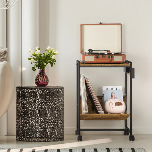 Record Player Stand with Vinyl Storage Side Table, 2 Tier with Charging Station Record Player Table for Living Room Bedroom