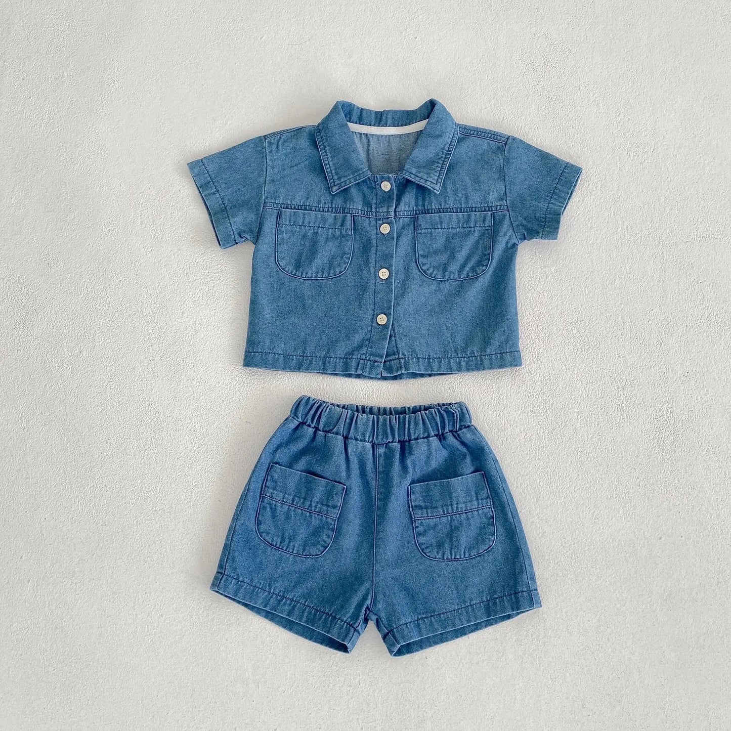 New baby clothes in summer, 0-3 years old baby girl and boy, sleeve pocket top + boxer shorts two-piece set