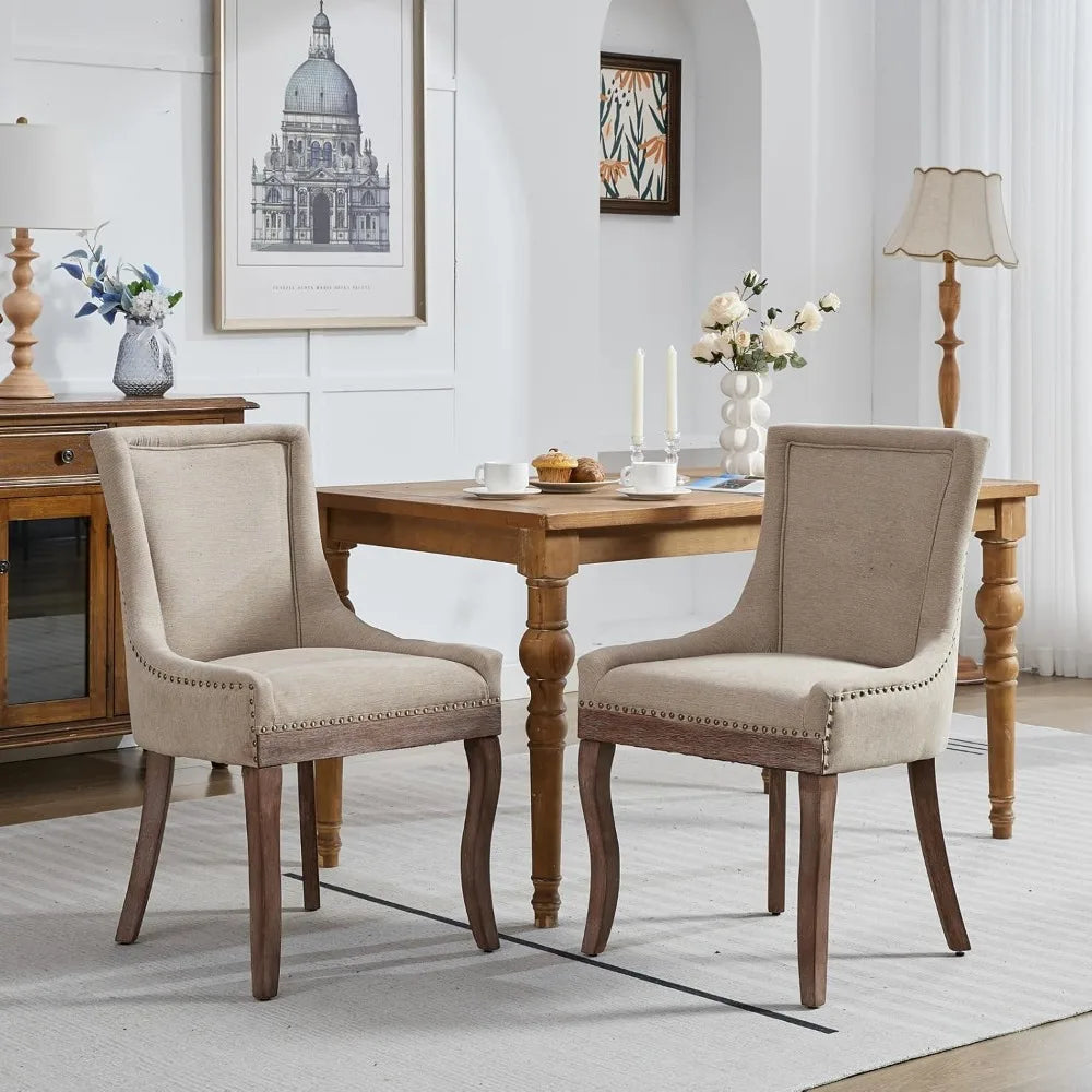 Modern High Back Chairs Set of 2 – Upholstered Fabric Side Seats with Solid Wood Legs, Dining Room Use