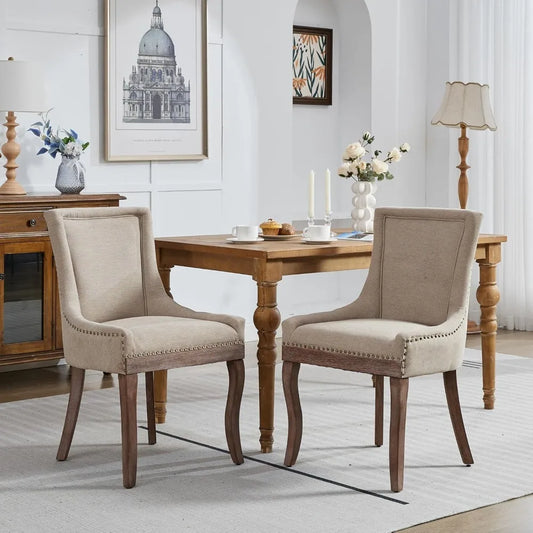 Modern High Back Chairs Set of 2 – Upholstered Fabric Side Seats with Solid Wood Legs, Dining Room Use