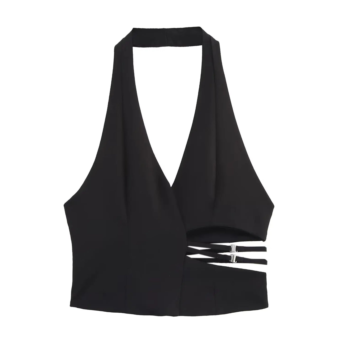 2025 new women's clothing European and American style fashion sexy versatile solid color open design halter neck top