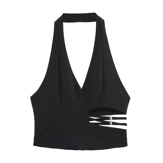 2025 new women's clothing European and American style fashion sexy versatile solid color open design halter neck top