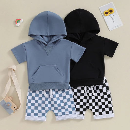 Lioraitiin 0-3Y Toddler Baby Boy Summer Outfit Contrast Color Short Sleeve Hooded T Shirt Top Elastic Shorts Clothes