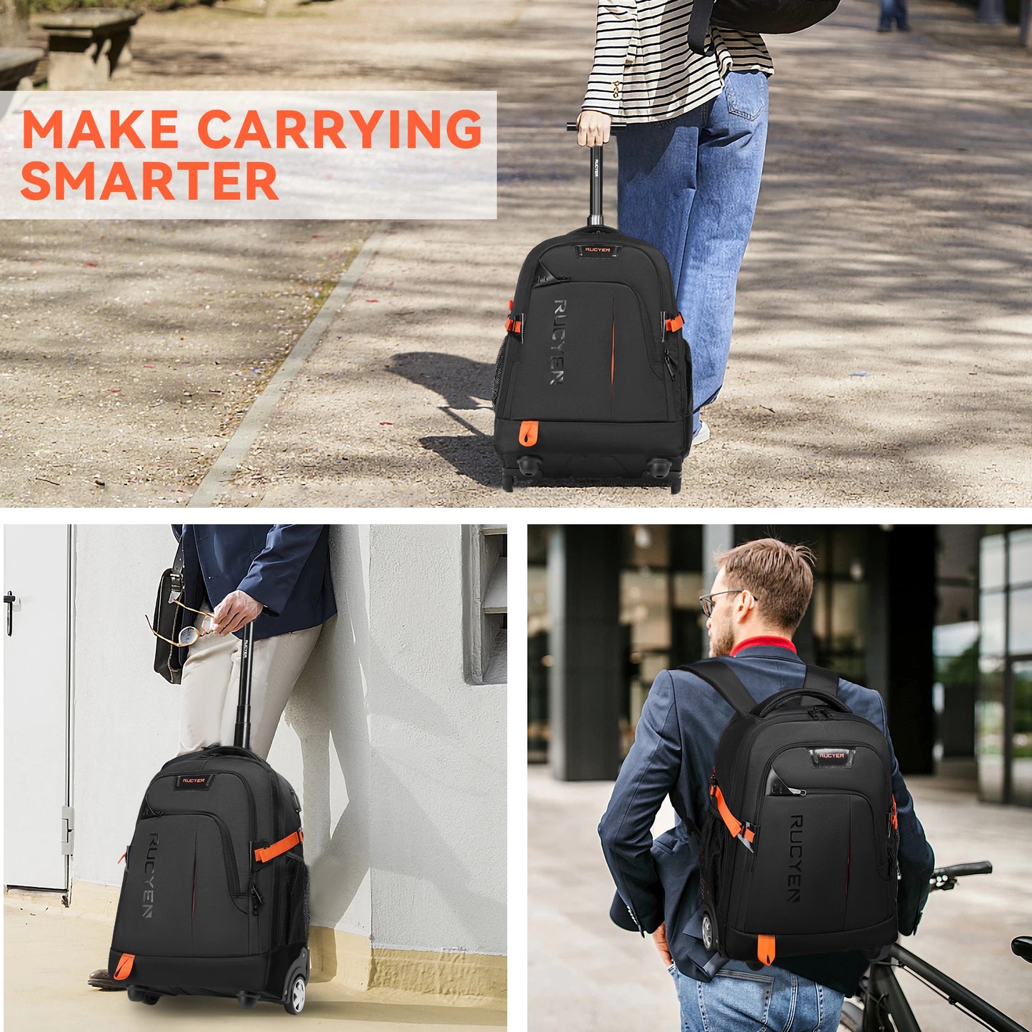 Rolling Backpack 18 inch Laptop Travel Backpack with Wheels Hidden Pull Rod Waterproof Carry On Luggage for Business Travel