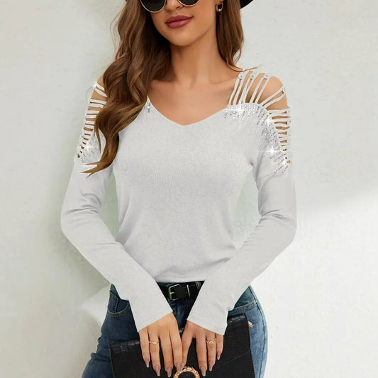 Lace splicing rhinestone V-neck long sleeved women's T-shirt sports women's round neck hollowed out shoulder long sleeved shirt