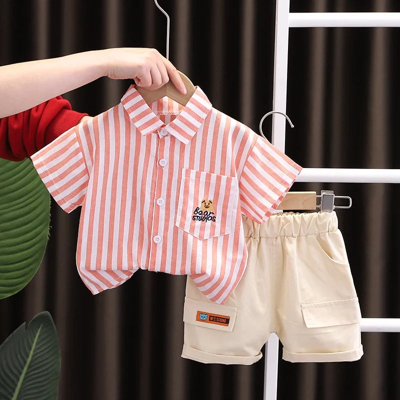 New Summer Baby Boy Clothes Set Toddler Boys Striped Cartoon 2-Piece Outfit with Cargo Shorts Casual Infant Children's Clothing