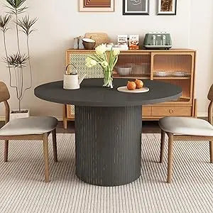 Round Dining Table for 4, Modern Farmhouse Kitchen Table, 47 Inch Small Circle Dining Tables with Wood Strip Base for Kitchen Li
