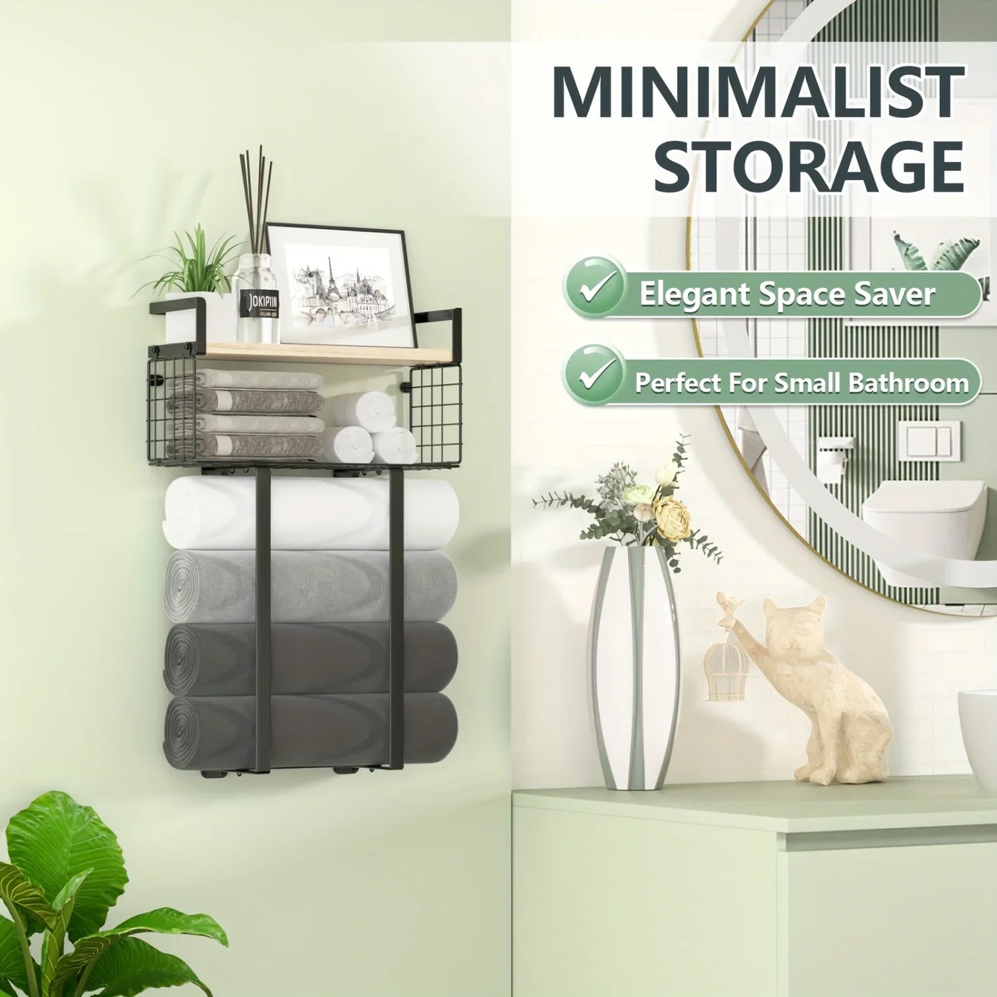 Bathroom  Sheves, Towel Racks With Metal Tissue Basket, Holder Wall Rack For Rolled Towels, Org