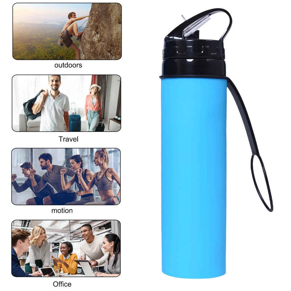 600ml Portable Water Cup Lightweight Silicone Sports Bottle Reusable Foldable Detachable with Suction Tubes for Running Fitness