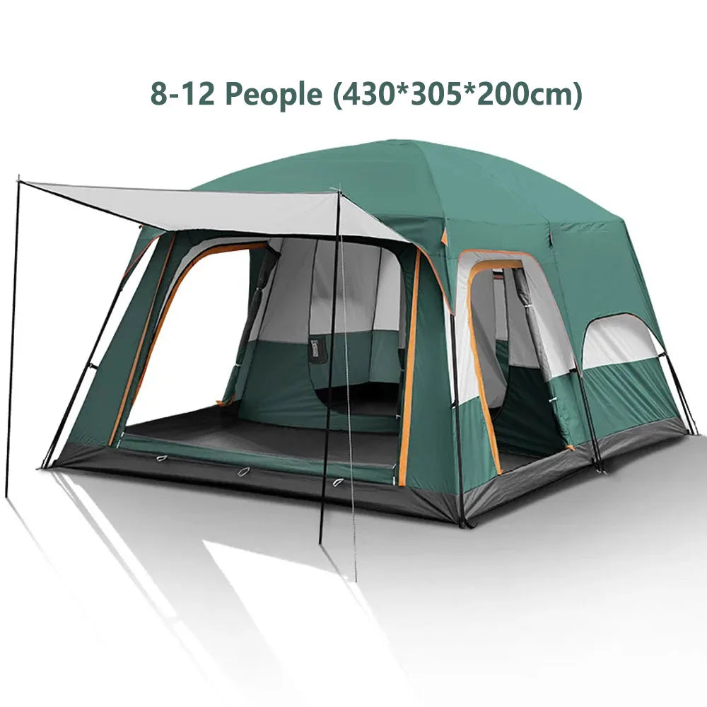 3-12 Person Outdoor Camping Team Tent Double Layers Oversize 2 Bedrooms Thickened Rainproof Company Family Camp Tour Equipment