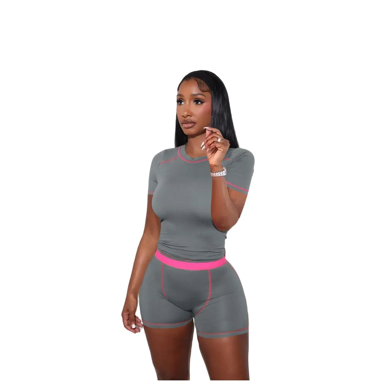 Custom LOGO women's clothing summer Europe and the United States new fashion casual thread contrast two-piece women's clothing