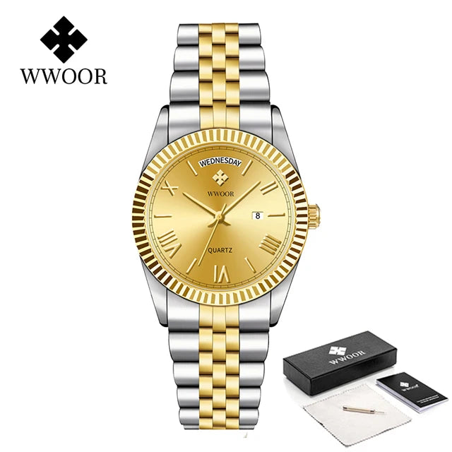 WWOOR Luxury Watches Gift For Men Waterproof Stainless Steel Date Clock New Men Quartz Wristwatches Male Watch Relogio Masculino