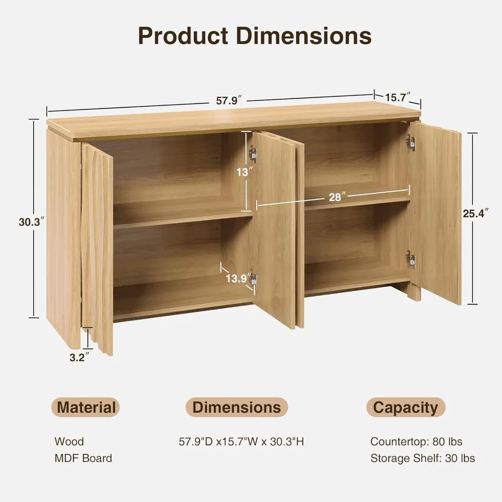 Fluted Cabinet with 3D Ripple Doors, 57.9" W Storage Cabinet with Adjustable Shelves, Modern Curved Edge Design for Living Room