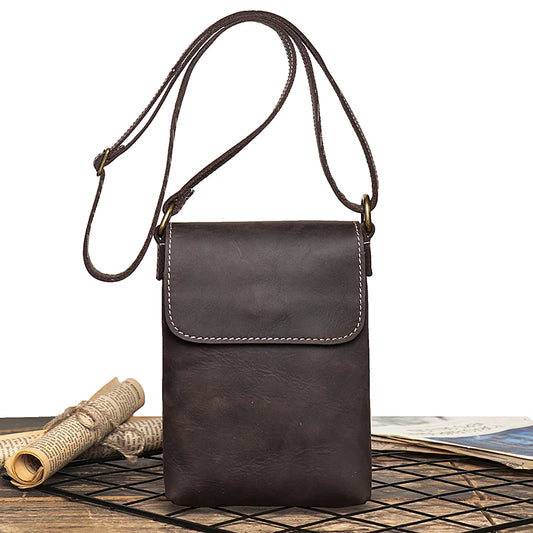 Retro Flip Black Small Shoulder Bag for Men Genuine Leather Sling Crossbody Bags Minority Design Man Simple Mobile Phone Bag
