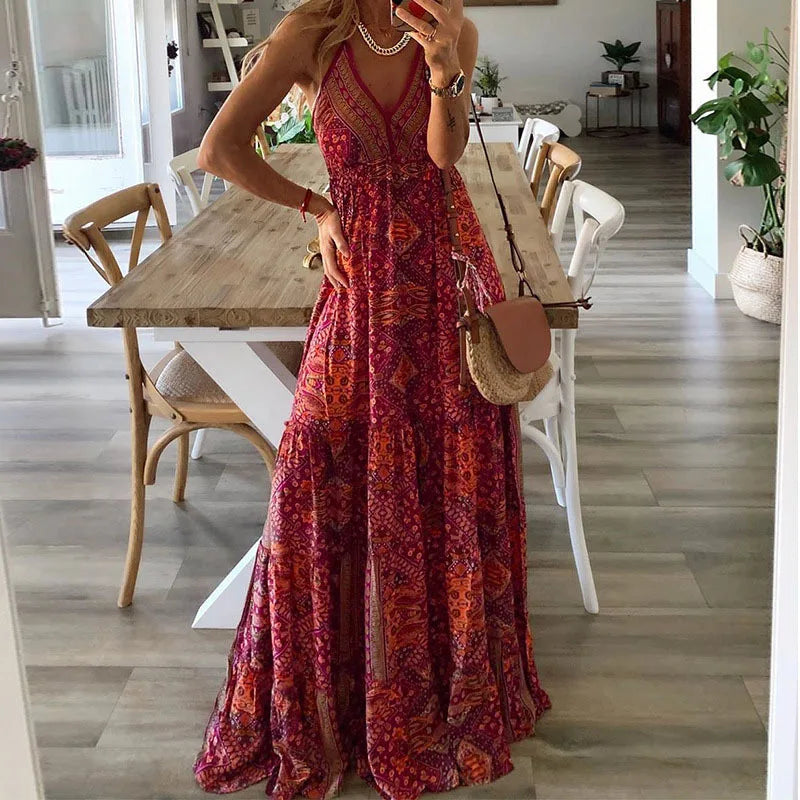 Bohemian Style Women's Clothing Long Dress New  Suspender Long Dress High Waist V-neck Printed Floral Dress Women's Clothing