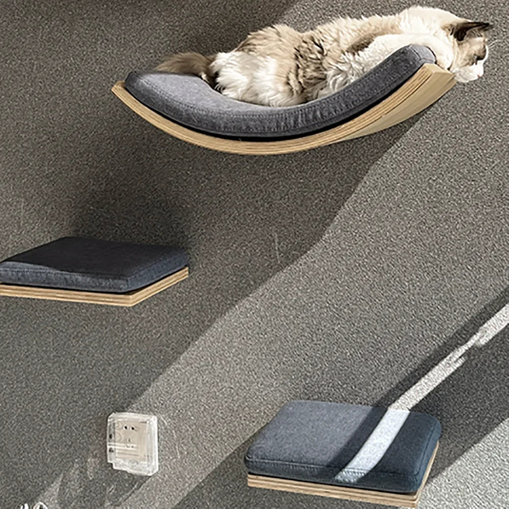 Wall Mounted Cat Climbing Shelves Wooden Cat Tree and Perches Scratcher Sisal Ladder Indoor Cats Hammock and House Pet Furniture